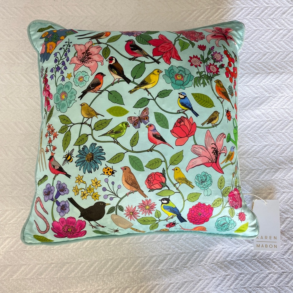 Karen Mabon Aqua Floral & Bird Accent Pillow